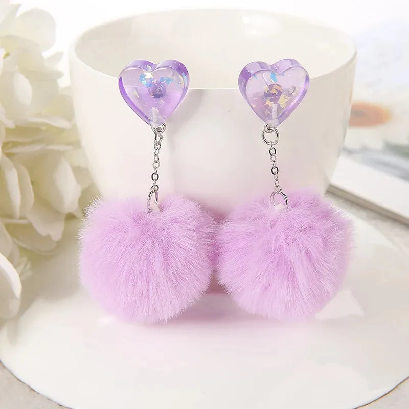 1 Pair Cute Heart Resin Stud Earrings with Puffer Ball – Fashion Jewelry for Women, Perfect Gift