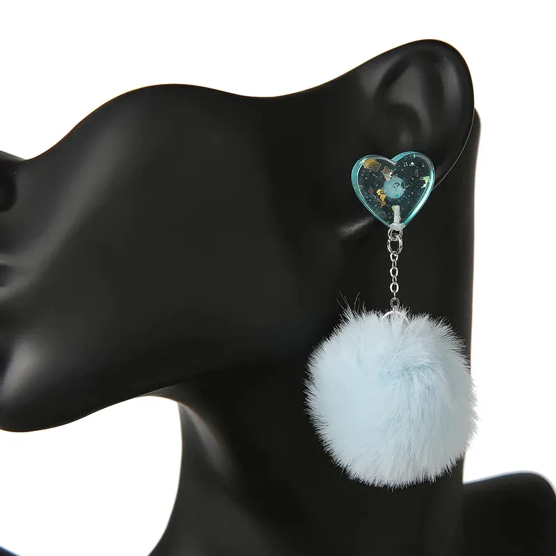 1 Pair Cute Heart Resin Stud Earrings with Puffer Ball – Fashion Jewelry for Women, Perfect Gift