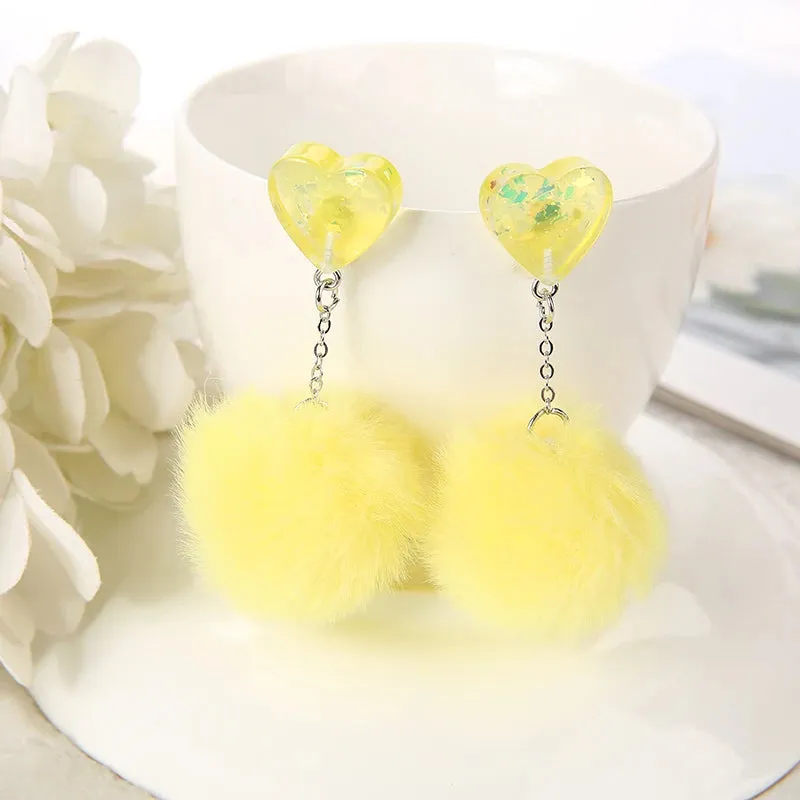 1 Pair Cute Heart Resin Stud Earrings with Puffer Ball – Fashion Jewelry for Women, Perfect Gift