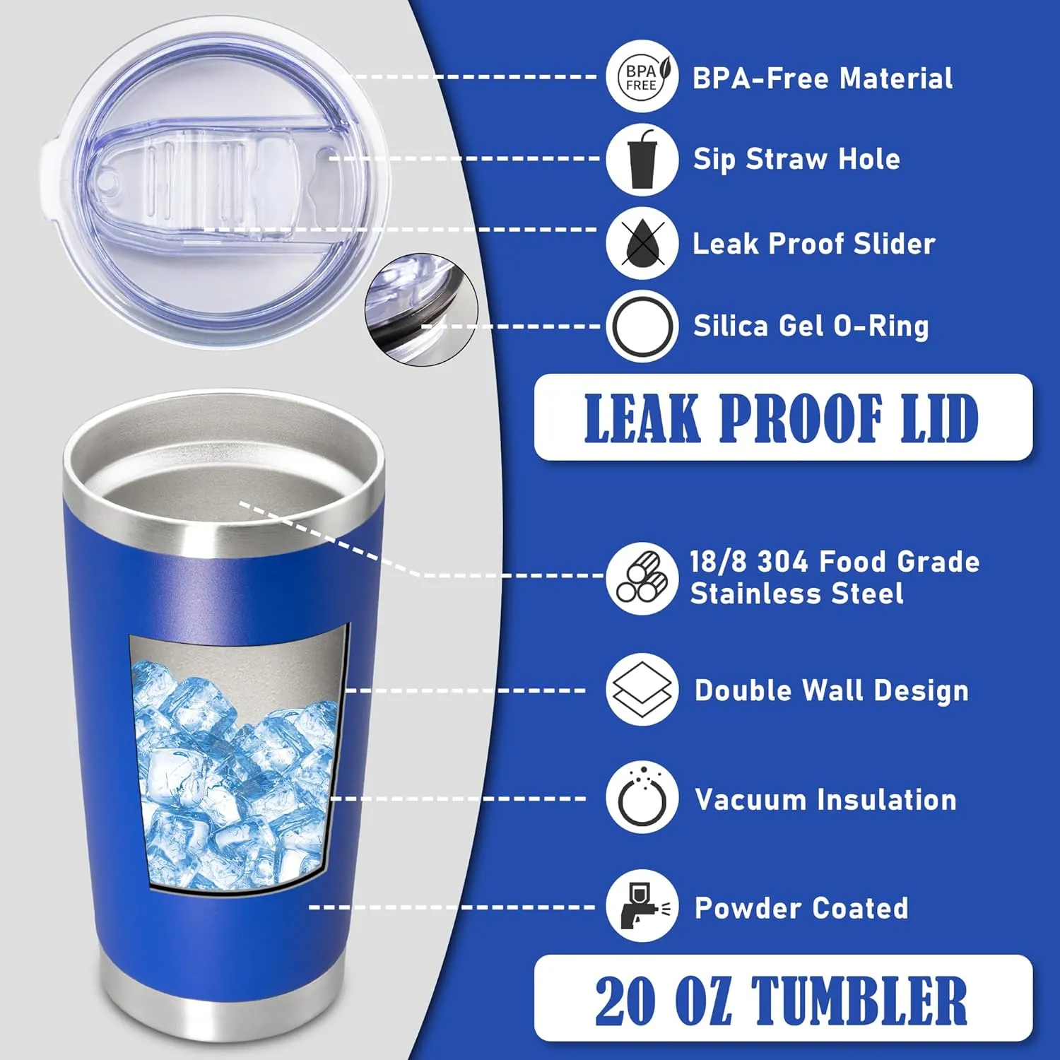 20 oz Tumbler Coffee Tavel Tumblers Bulk with Lid Stainless Steel Double Wall Vacuum Insulated Mug Powder Coated Cups fit Car Cupholder for Hot and Cold - Dark Blue, 1Pack