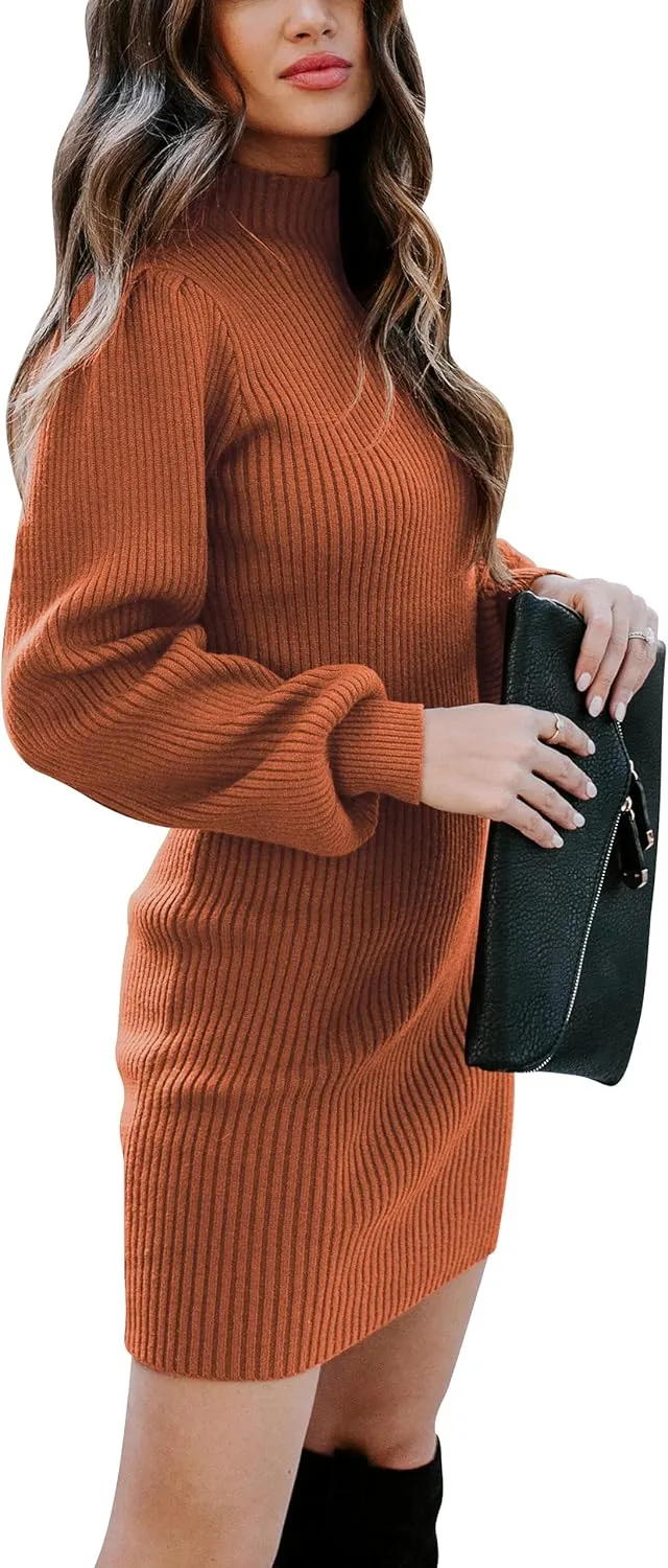 ANRABESS Women Long Sleeve Turtle Mock Neck Rib Knit Stretch Slim Fitted Bodycon Sweater Mini Short Dress 2024 Fall Outfits