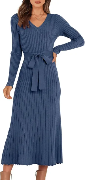 ANRABESS Women Long Sleeve V Neck A-line Tie Waist Slim Fit Ribbed Knit Bodycon Midi Sweater Dress 2025 Fall Trendy Outfits