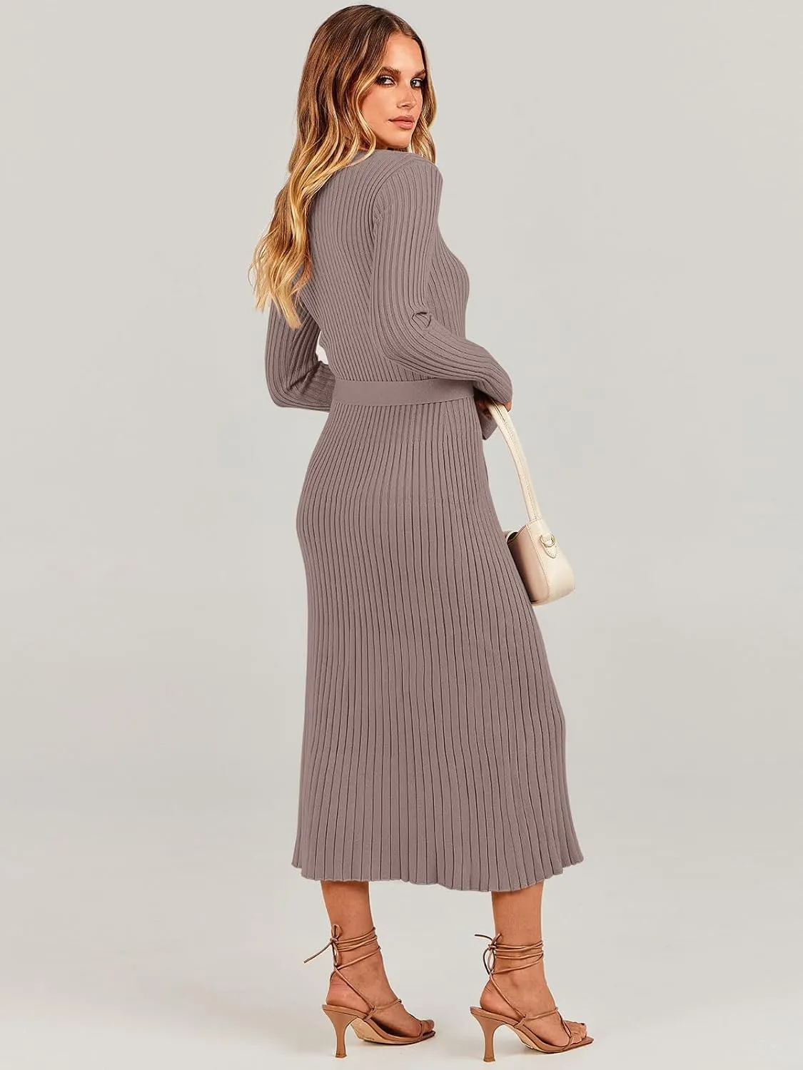 ANRABESS Women Long Sleeve V Neck A-line Tie Waist Slim Fit Ribbed Knit Bodycon Midi Sweater Dress 2025 Fall Trendy Outfits