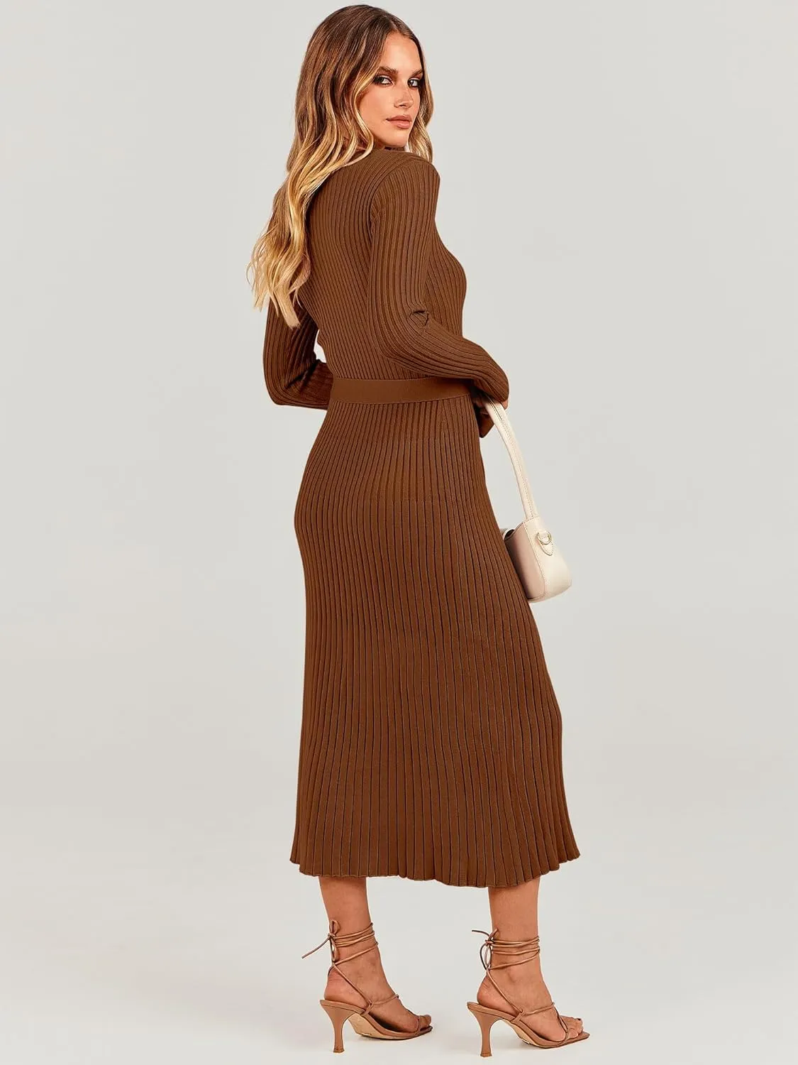 ANRABESS Women Long Sleeve V Neck A-line Tie Waist Slim Fit Ribbed Knit Bodycon Midi Sweater Dress 2025 Fall Trendy Outfits