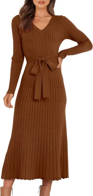 ANRABESS Women Long Sleeve V Neck A-line Tie Waist Slim Fit Ribbed Knit Bodycon Midi Sweater Dress 2025 Fall Trendy Outfits