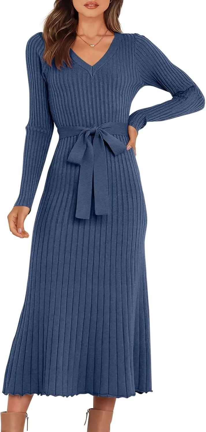 ANRABESS Women Long Sleeve V Neck A-line Tie Waist Slim Fit Ribbed Knit Bodycon Midi Sweater Dress 2025 Fall Trendy Outfits