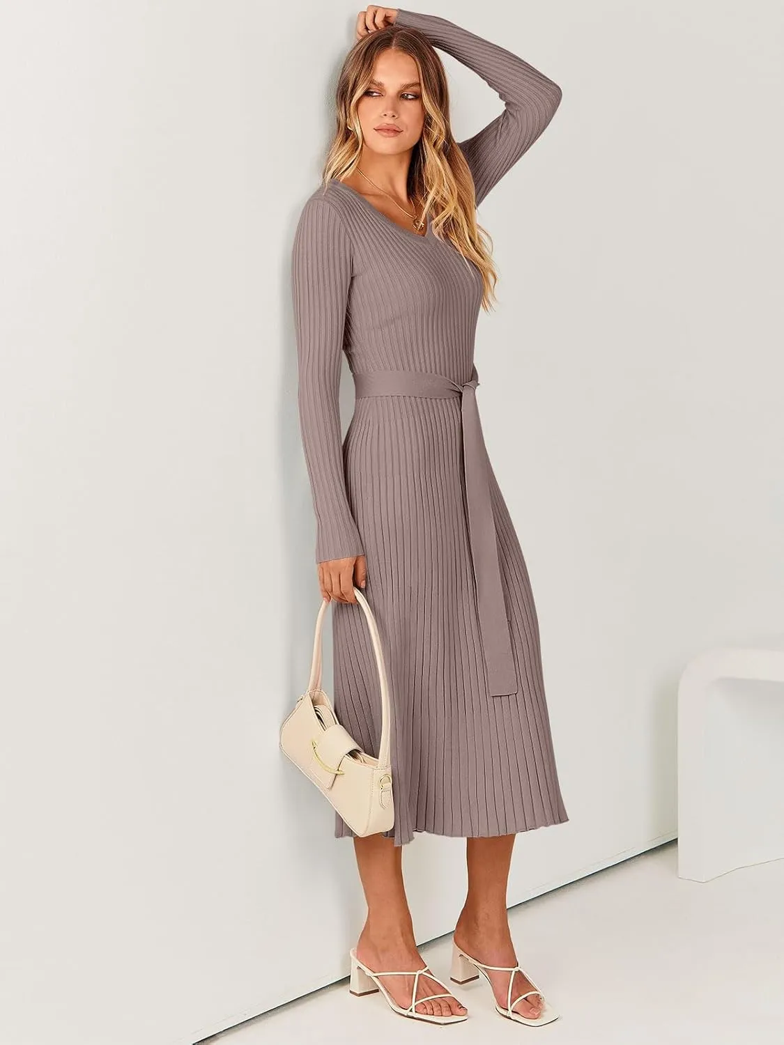 ANRABESS Women Long Sleeve V Neck A-line Tie Waist Slim Fit Ribbed Knit Bodycon Midi Sweater Dress 2025 Fall Trendy Outfits