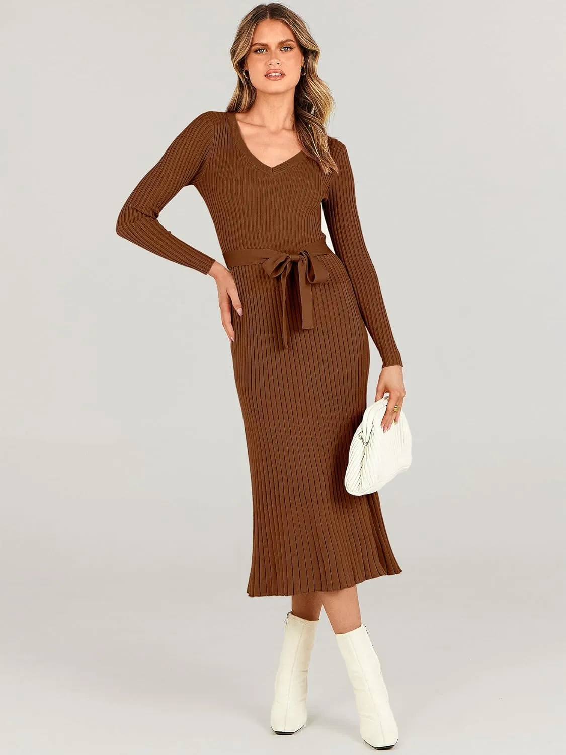 ANRABESS Women Long Sleeve V Neck A-line Tie Waist Slim Fit Ribbed Knit Bodycon Midi Sweater Dress 2025 Fall Trendy Outfits