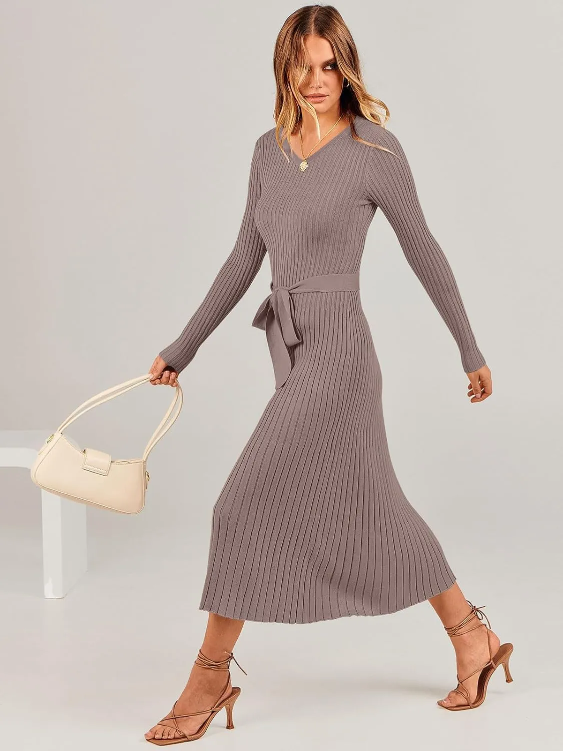 ANRABESS Women Long Sleeve V Neck A-line Tie Waist Slim Fit Ribbed Knit Bodycon Midi Sweater Dress 2025 Fall Trendy Outfits