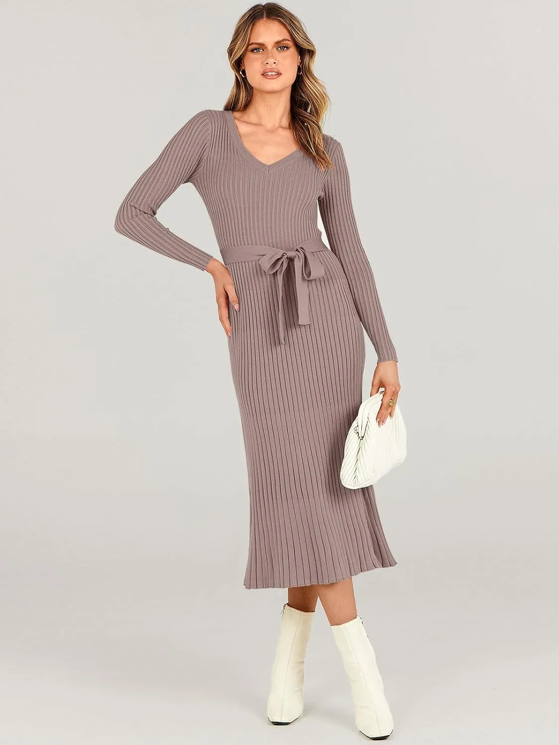 ANRABESS Women Long Sleeve V Neck A-line Tie Waist Slim Fit Ribbed Knit Bodycon Midi Sweater Dress 2025 Fall Trendy Outfits