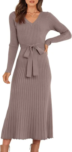 ANRABESS Women Long Sleeve V Neck A-line Tie Waist Slim Fit Ribbed Knit Bodycon Midi Sweater Dress 2025 Fall Trendy Outfits