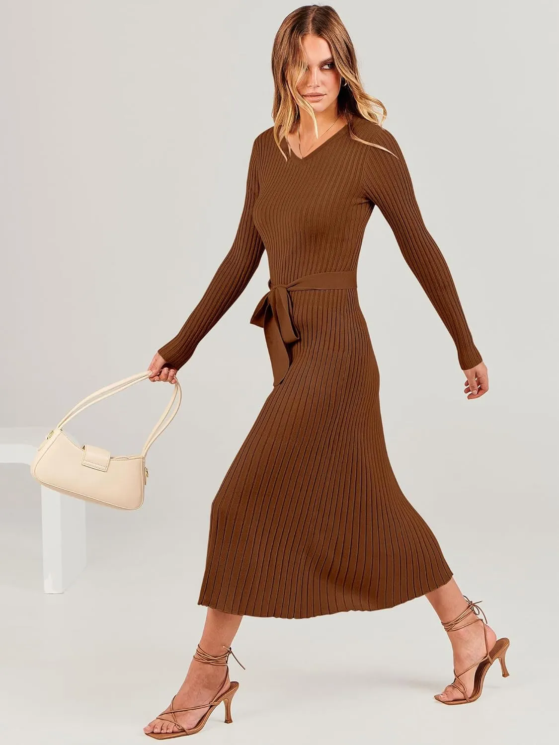 ANRABESS Women Long Sleeve V Neck A-line Tie Waist Slim Fit Ribbed Knit Bodycon Midi Sweater Dress 2025 Fall Trendy Outfits
