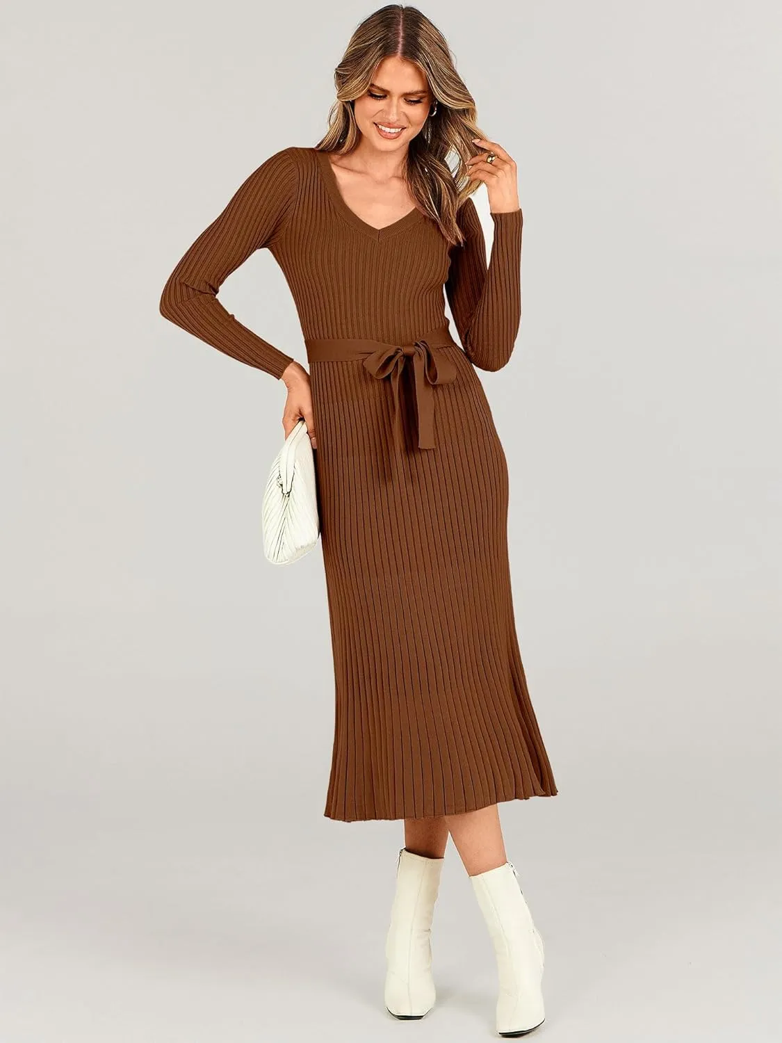 ANRABESS Women Long Sleeve V Neck A-line Tie Waist Slim Fit Ribbed Knit Bodycon Midi Sweater Dress 2025 Fall Trendy Outfits