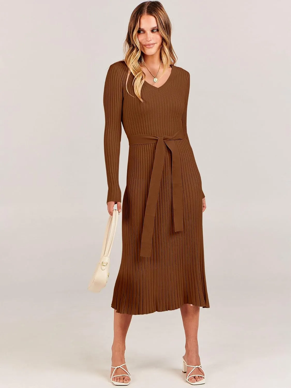 ANRABESS Women Long Sleeve V Neck A-line Tie Waist Slim Fit Ribbed Knit Bodycon Midi Sweater Dress 2025 Fall Trendy Outfits