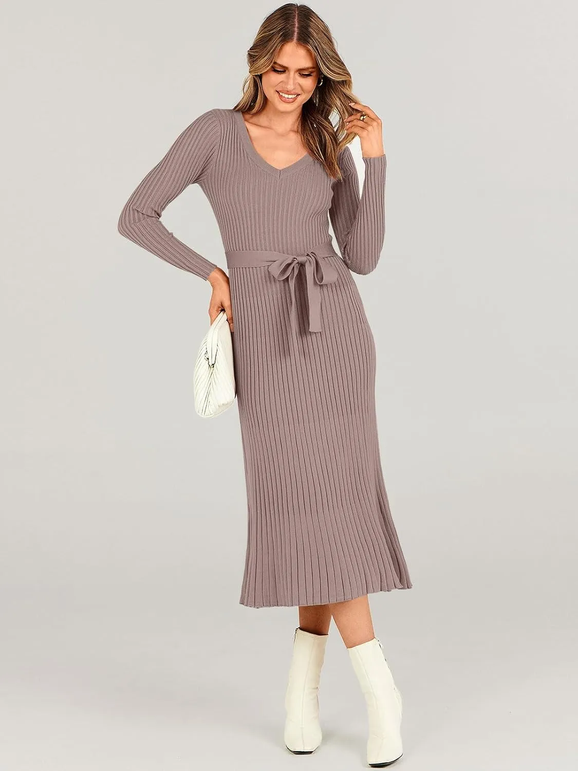 ANRABESS Women Long Sleeve V Neck A-line Tie Waist Slim Fit Ribbed Knit Bodycon Midi Sweater Dress 2025 Fall Trendy Outfits