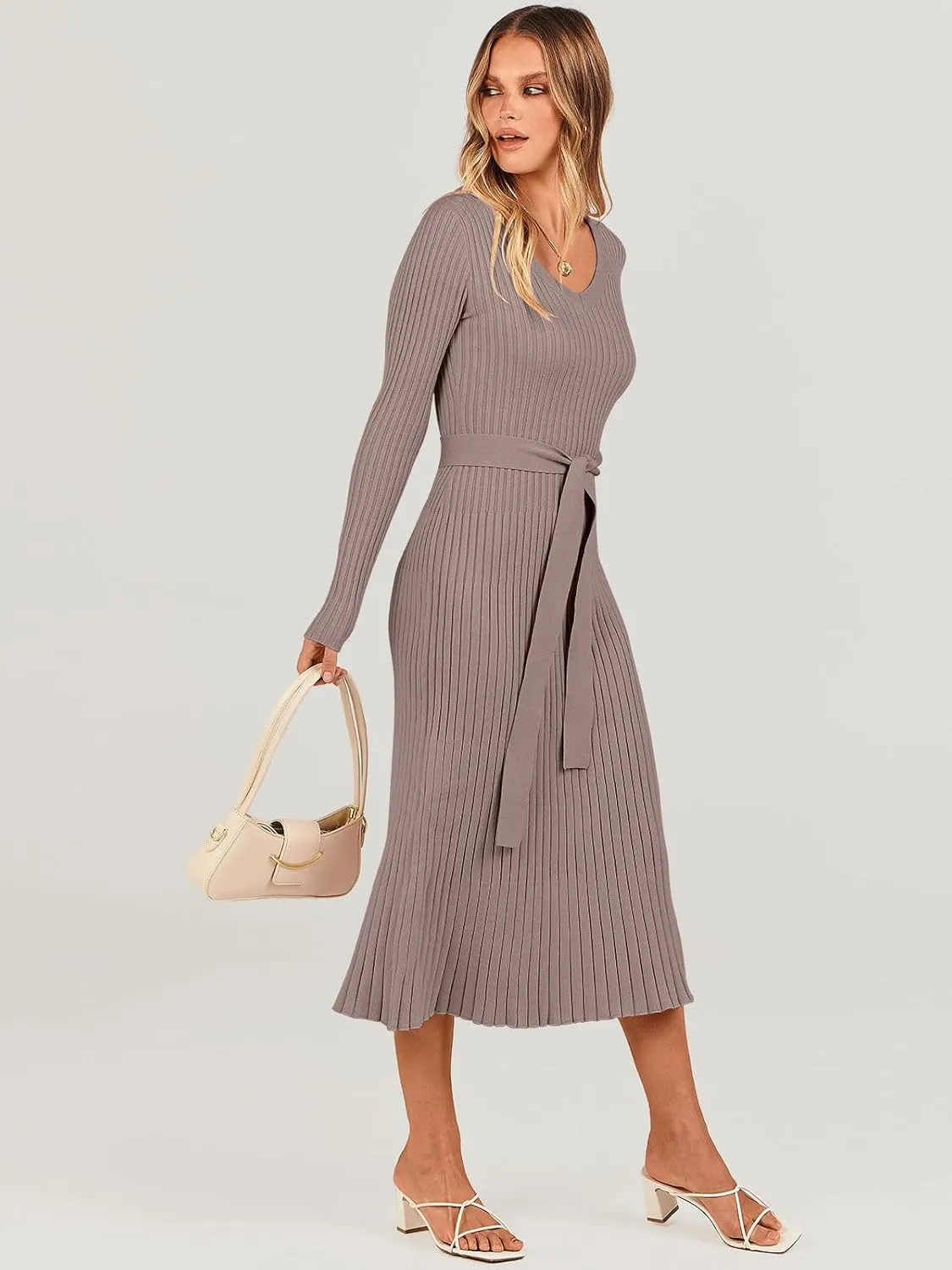 ANRABESS Women Long Sleeve V Neck A-line Tie Waist Slim Fit Ribbed Knit Bodycon Midi Sweater Dress 2025 Fall Trendy Outfits