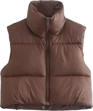 APAFES Womens Winter Cropped Puffer Vest High Stand Collar Lightweight Insulated Crop Vests Outerwear