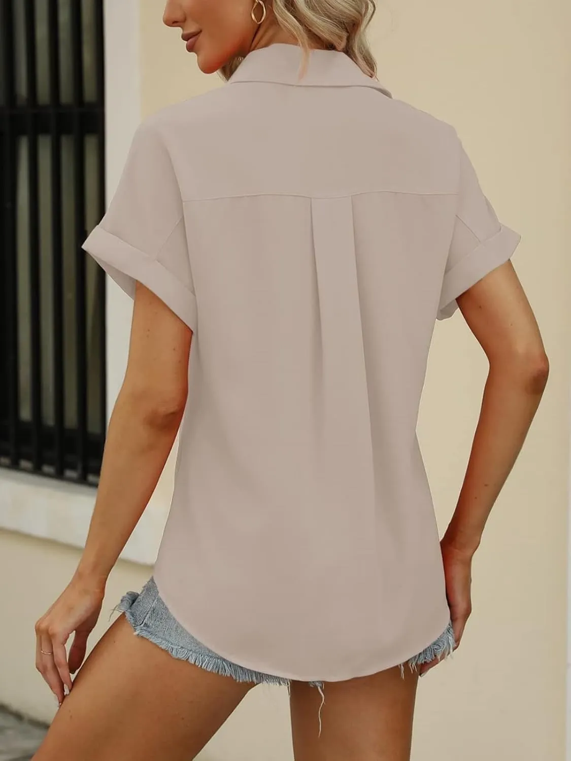 Beautife Womens Short Sleeve Shirts V Neck Collared Button Down Shirt Tops with Pockets