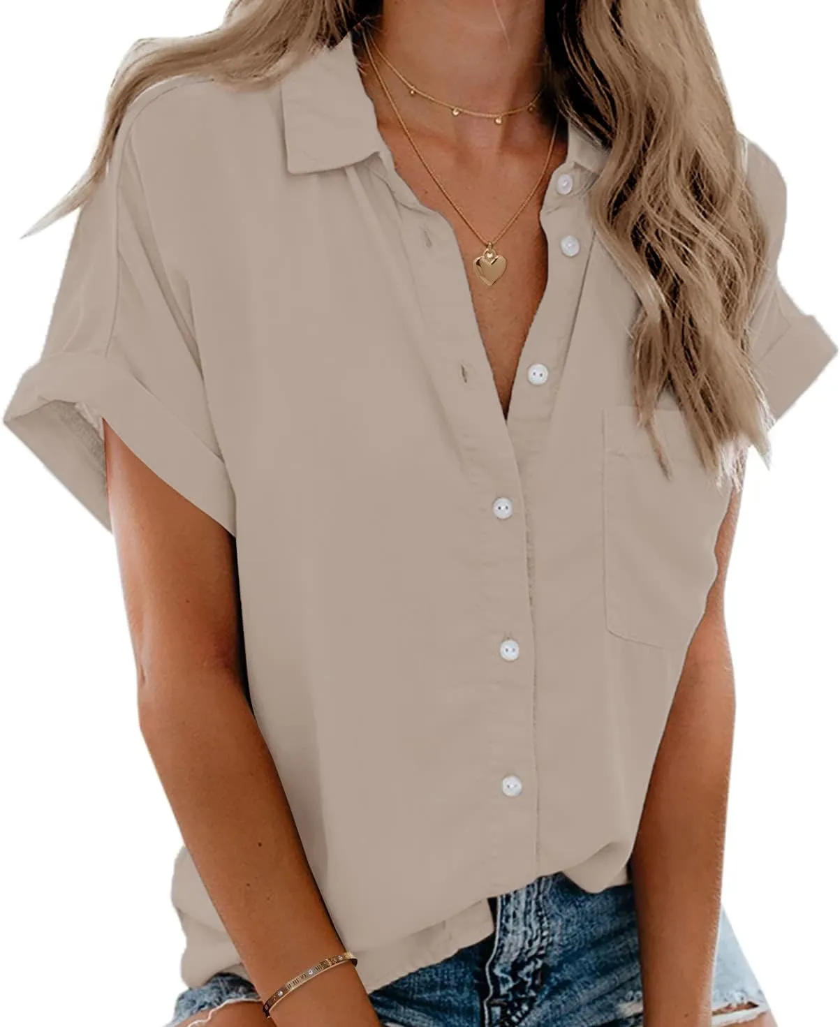 Beautife Womens Short Sleeve Shirts V Neck Collared Button Down Shirt Tops with Pockets