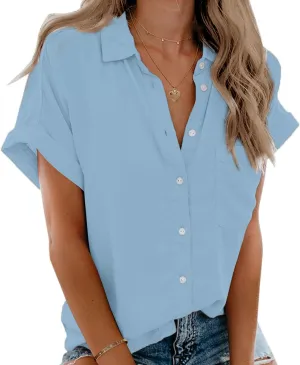 Beautife Womens Short Sleeve Shirts V Neck Collared Button Down Shirt Tops with Pockets