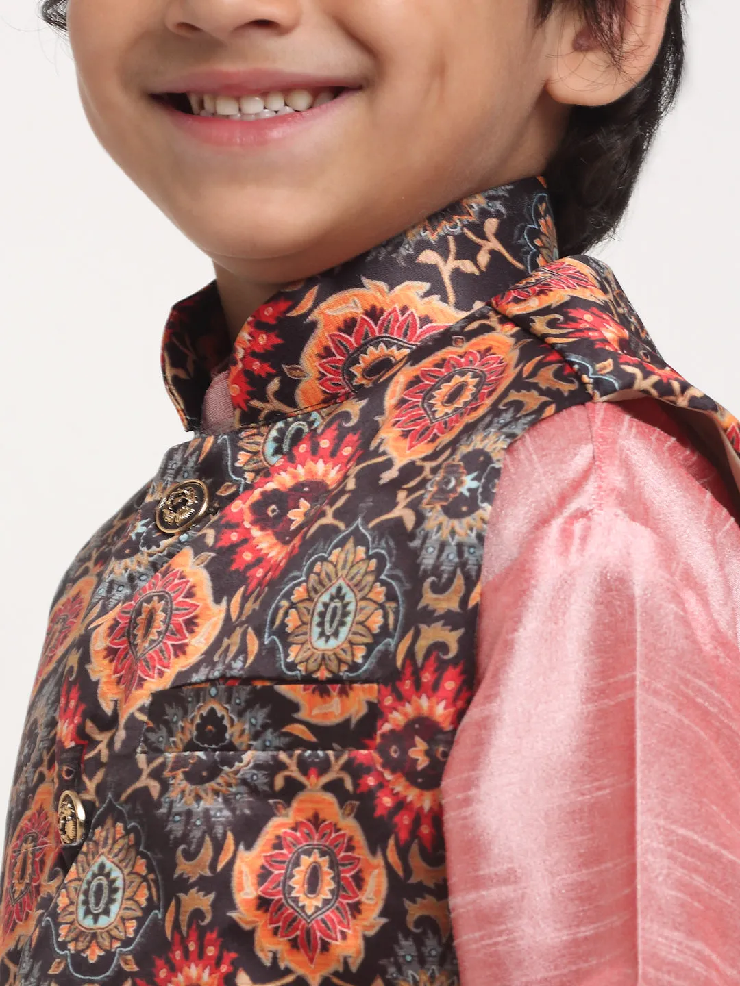 Boy's Pink Solid Kurta With Pyjama & Black Printed Nehrujacket Combos - Benstoke KIDS