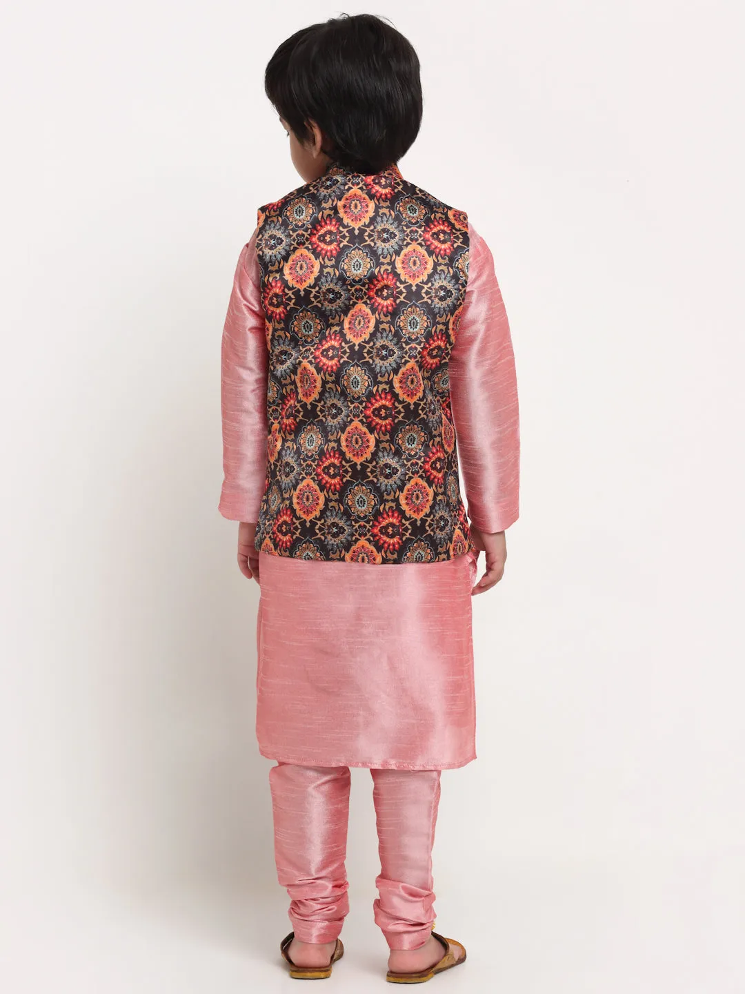 Boy's Pink Solid Kurta With Pyjama & Black Printed Nehrujacket Combos - Benstoke KIDS