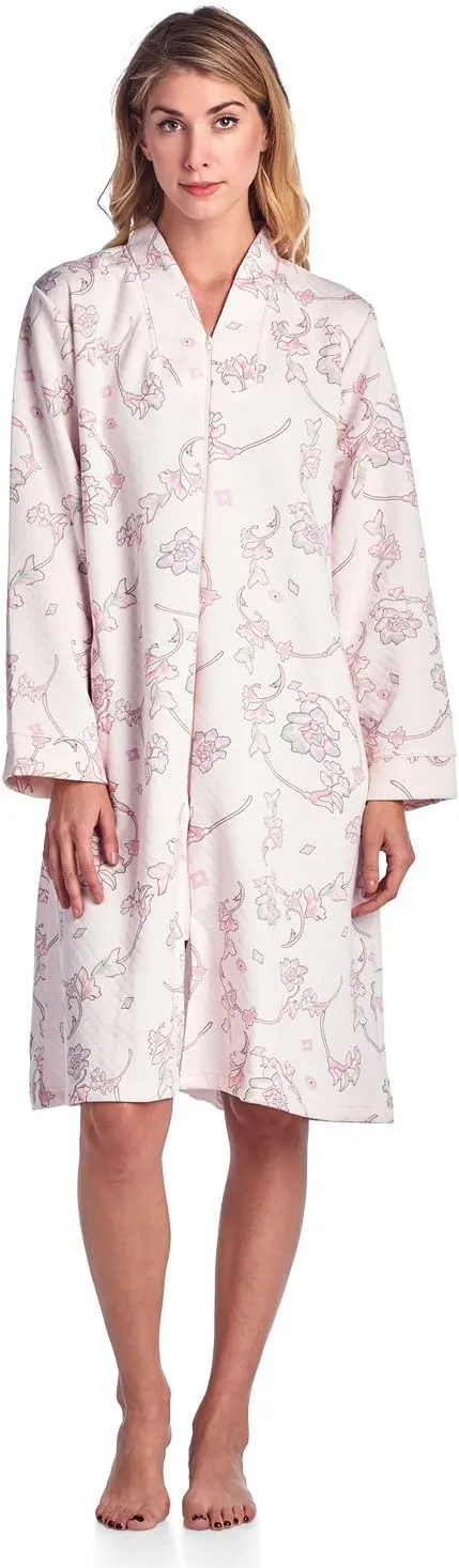 Casual Nights Women's Floral Quilted Long Sleeve Zip Up House Dress Robe