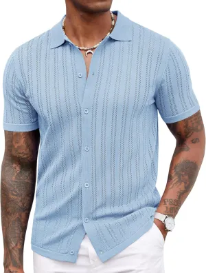 COOFANDY Men's Knit Shirts Short Sleeve Button Down Polo Shirt Crochet Casual Vintage Summer Beach Shirts