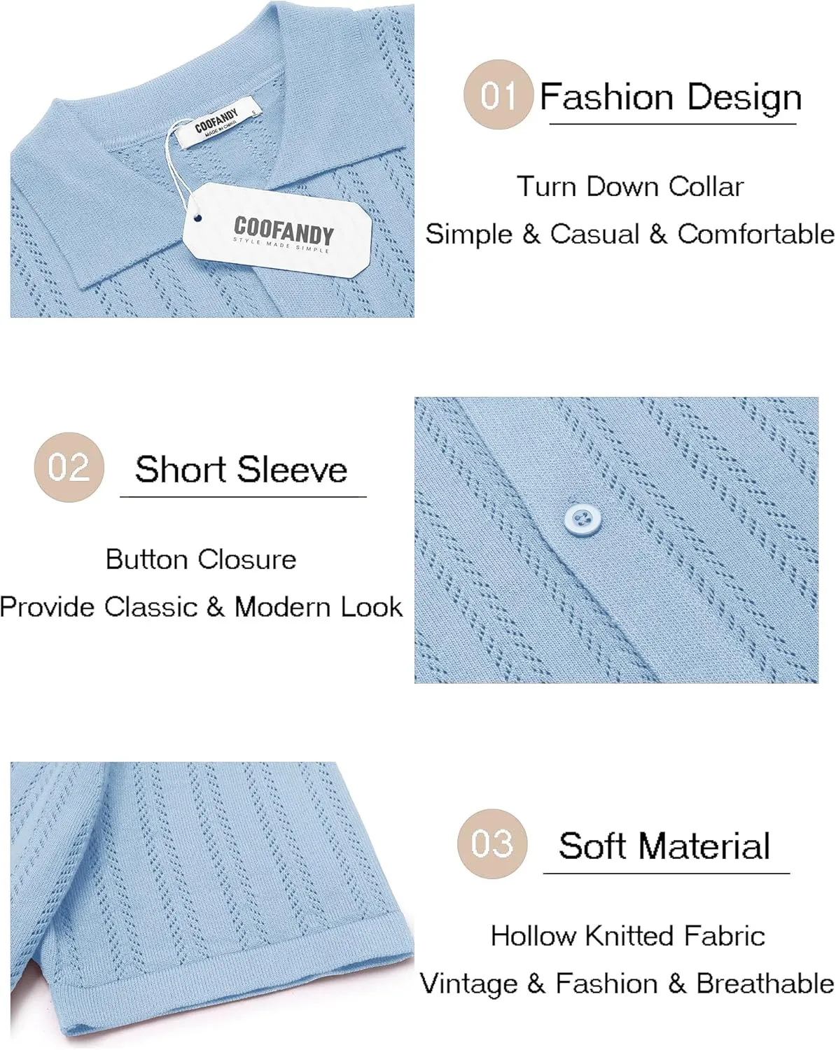 COOFANDY Men's Knit Shirts Short Sleeve Button Down Polo Shirt Crochet Casual Vintage Summer Beach Shirts