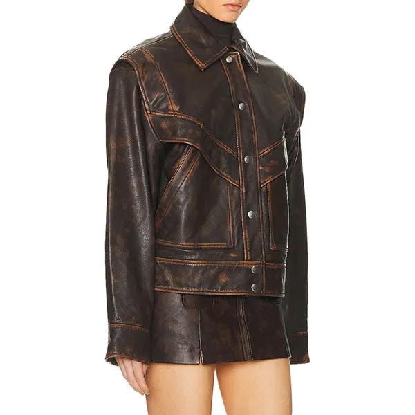 Distressed Brown Leather Jacket for Women