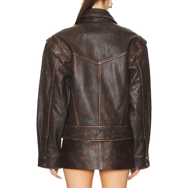 Distressed Brown Leather Jacket for Women