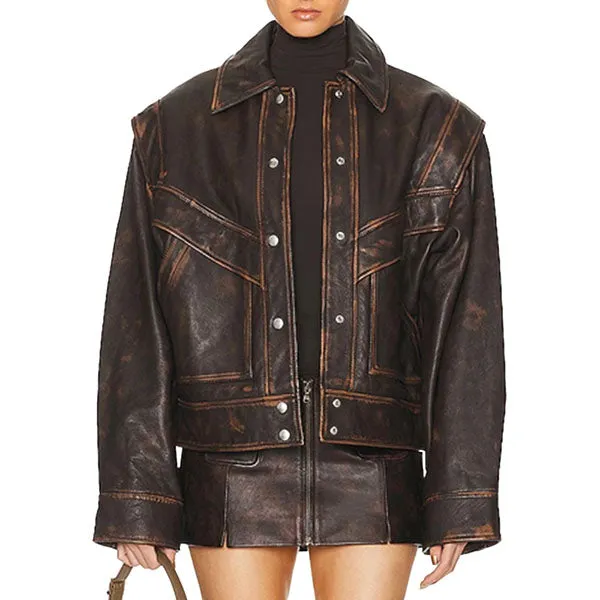 Distressed Brown Leather Jacket for Women