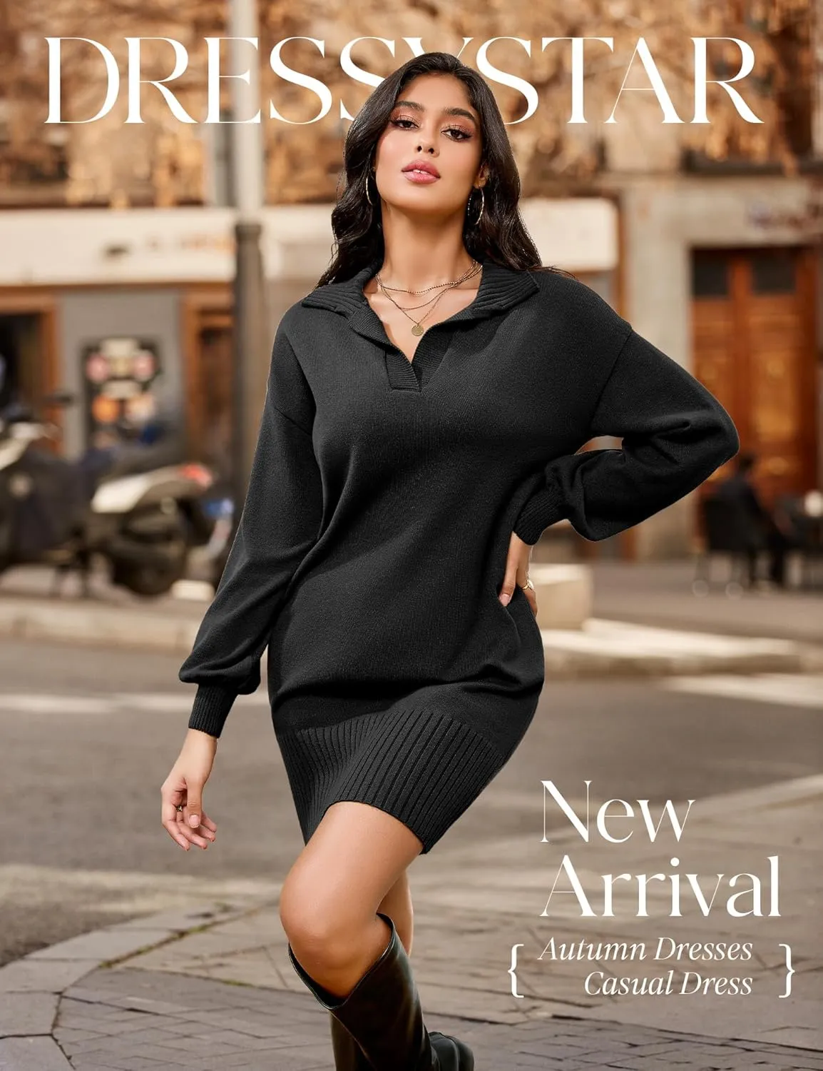 Dressystar Womens Fall Sweater Dress V Neck Knit Loose Long Lantern Sleeve Ribbed Pullover Winter Casual Short Mini Sweaters
