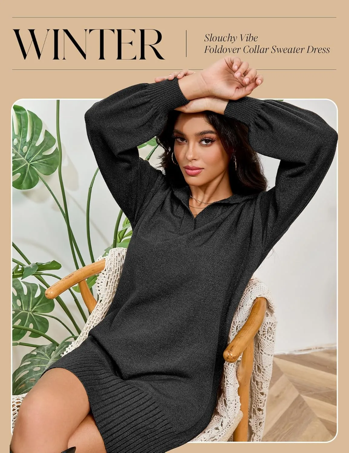 Dressystar Womens Fall Sweater Dress V Neck Knit Loose Long Lantern Sleeve Ribbed Pullover Winter Casual Short Mini Sweaters