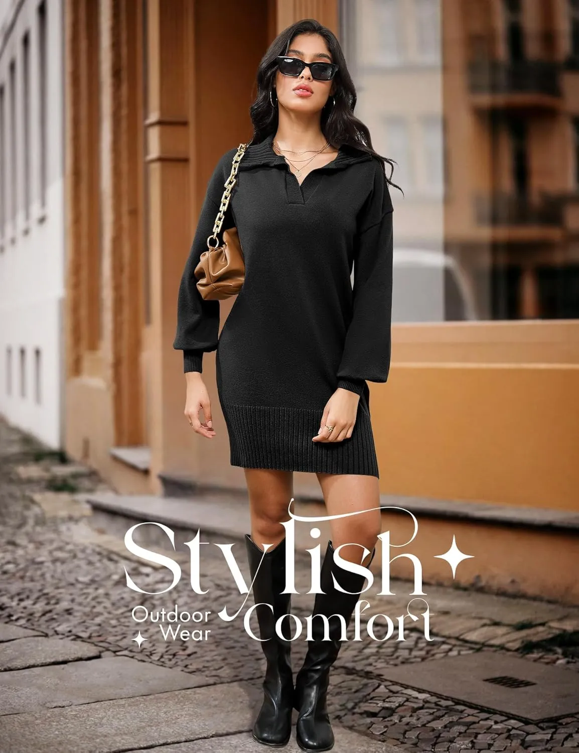 Dressystar Womens Fall Sweater Dress V Neck Knit Loose Long Lantern Sleeve Ribbed Pullover Winter Casual Short Mini Sweaters