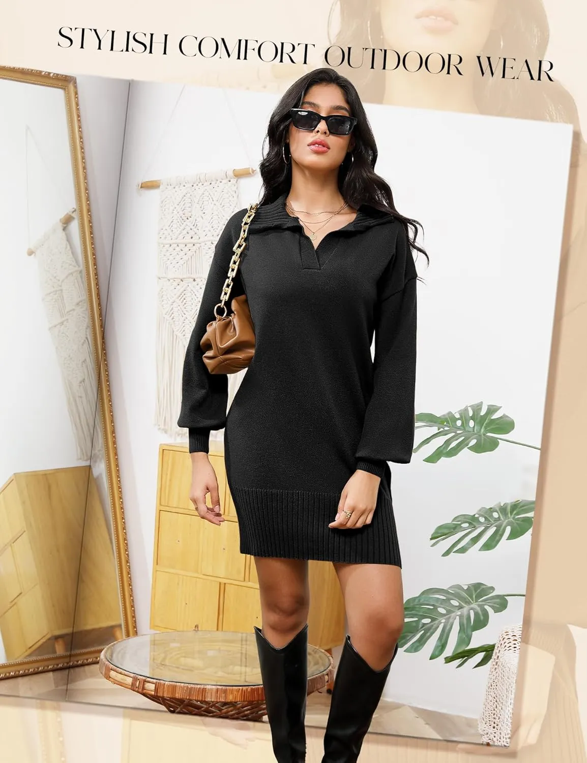 Dressystar Womens Fall Sweater Dress V Neck Knit Loose Long Lantern Sleeve Ribbed Pullover Winter Casual Short Mini Sweaters