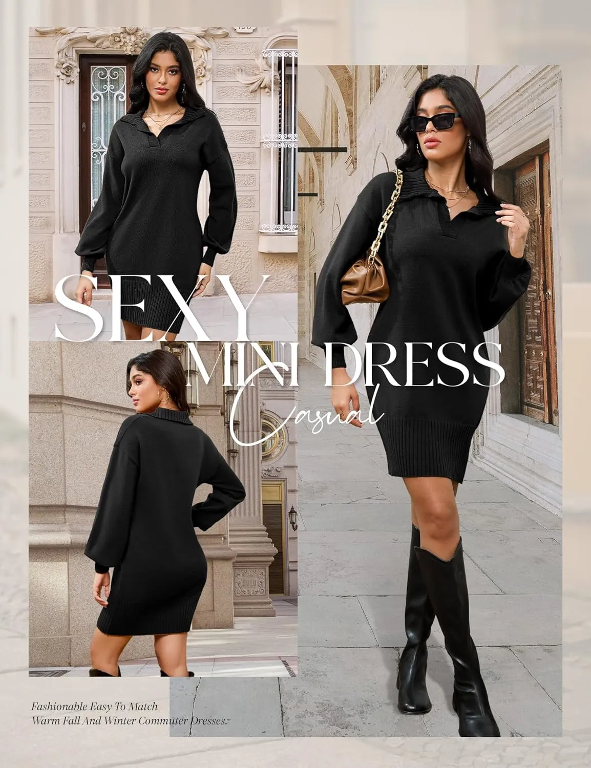 Dressystar Womens Fall Sweater Dress V Neck Knit Loose Long Lantern Sleeve Ribbed Pullover Winter Casual Short Mini Sweaters