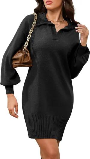 Dressystar Womens Fall Sweater Dress V Neck Knit Loose Long Lantern Sleeve Ribbed Pullover Winter Casual Short Mini Sweaters