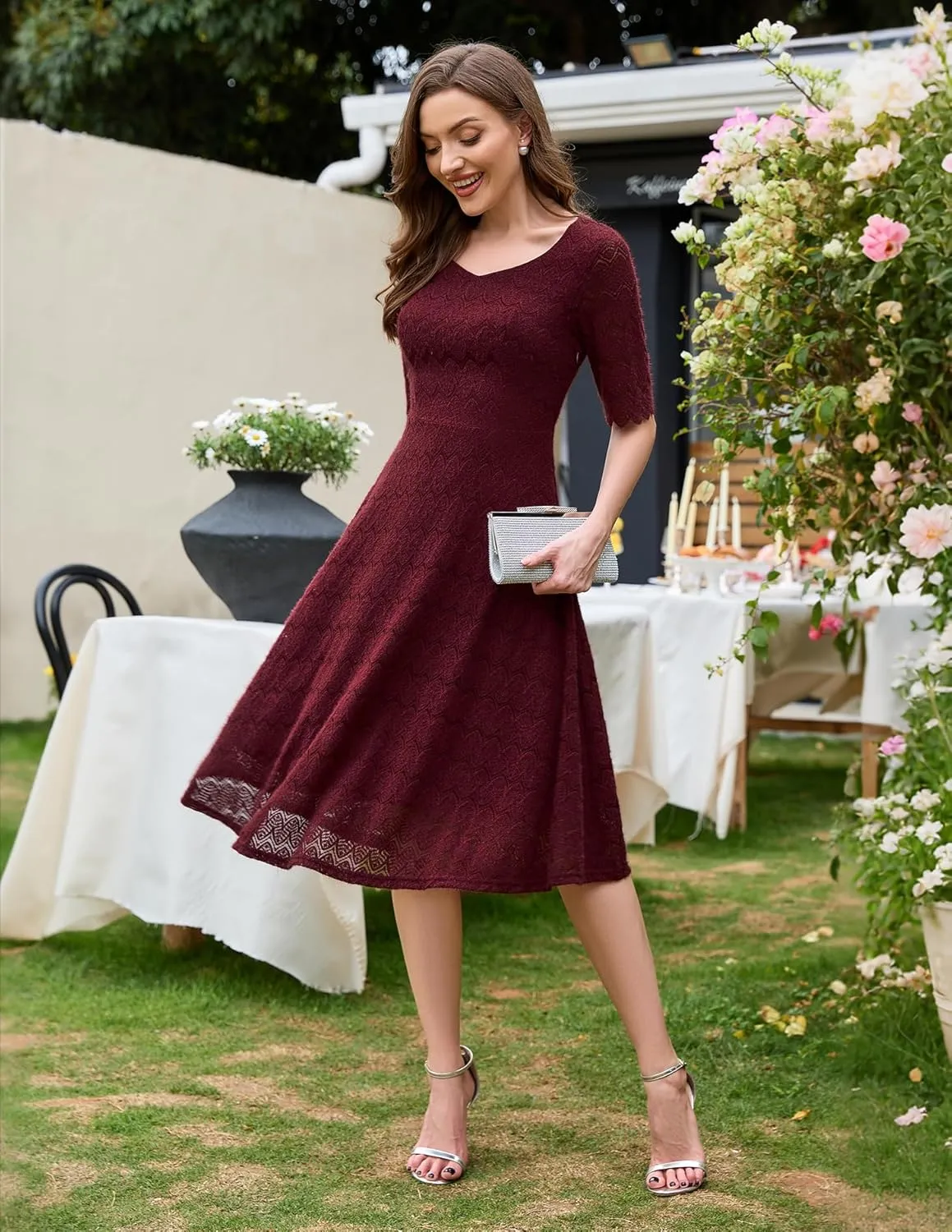 Dressystar Women's Short Sleeve Lace Wedding Guest Dress V Neck A Line Formal Cocktail Evening Party Dresses 2025