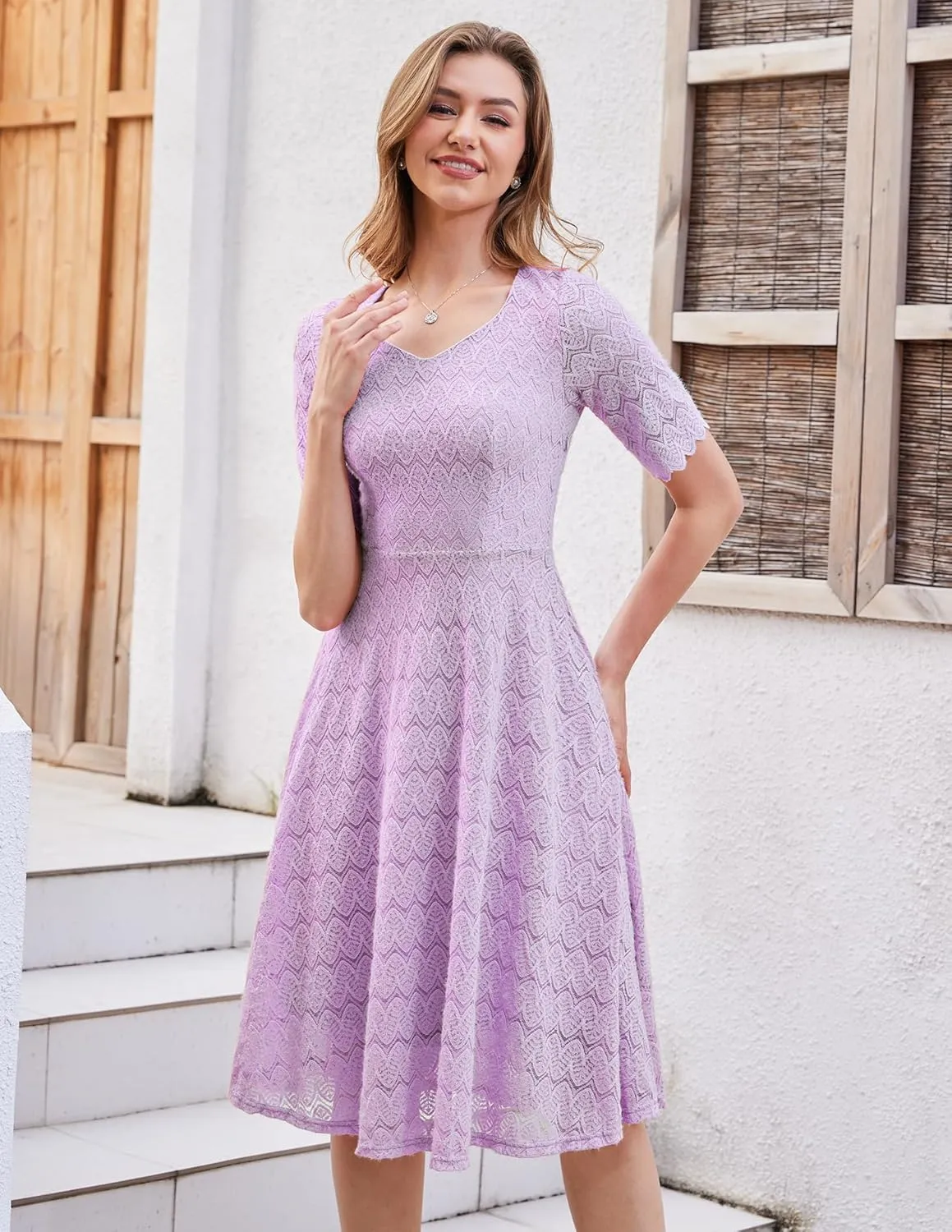 Dressystar Women's Short Sleeve Lace Wedding Guest Dress V Neck A Line Formal Cocktail Evening Party Dresses 2025