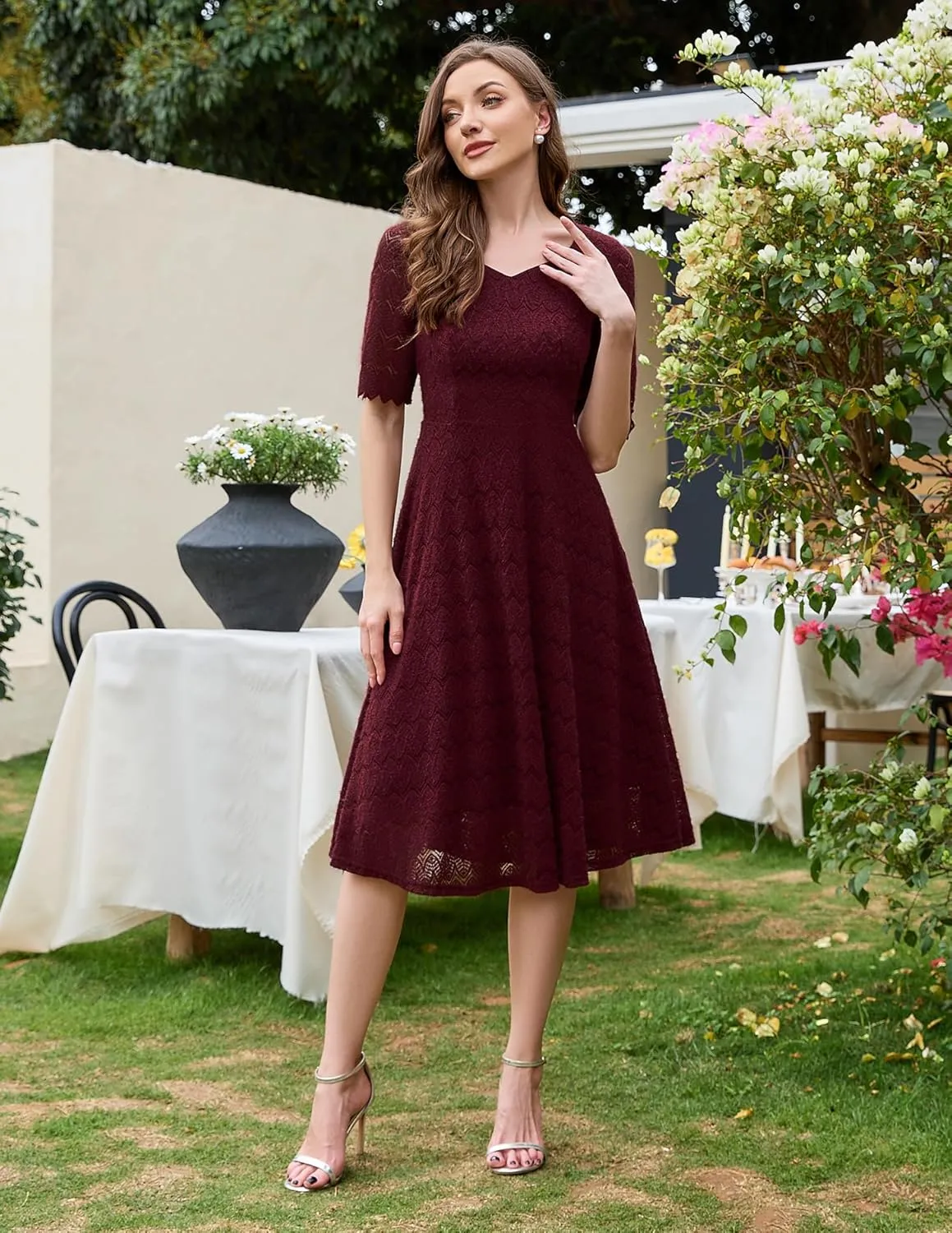 Dressystar Women's Short Sleeve Lace Wedding Guest Dress V Neck A Line Formal Cocktail Evening Party Dresses 2025