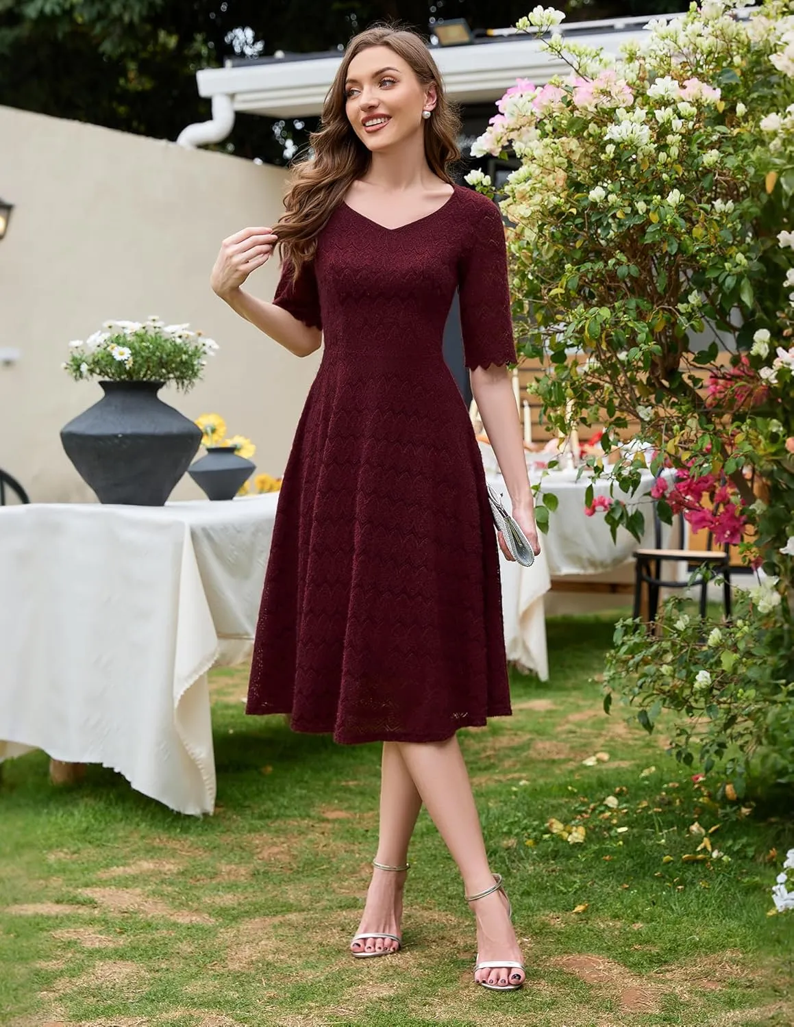 Dressystar Women's Short Sleeve Lace Wedding Guest Dress V Neck A Line Formal Cocktail Evening Party Dresses 2025