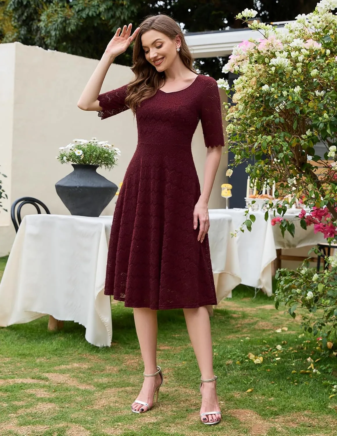 Dressystar Women's Short Sleeve Lace Wedding Guest Dress V Neck A Line Formal Cocktail Evening Party Dresses 2025
