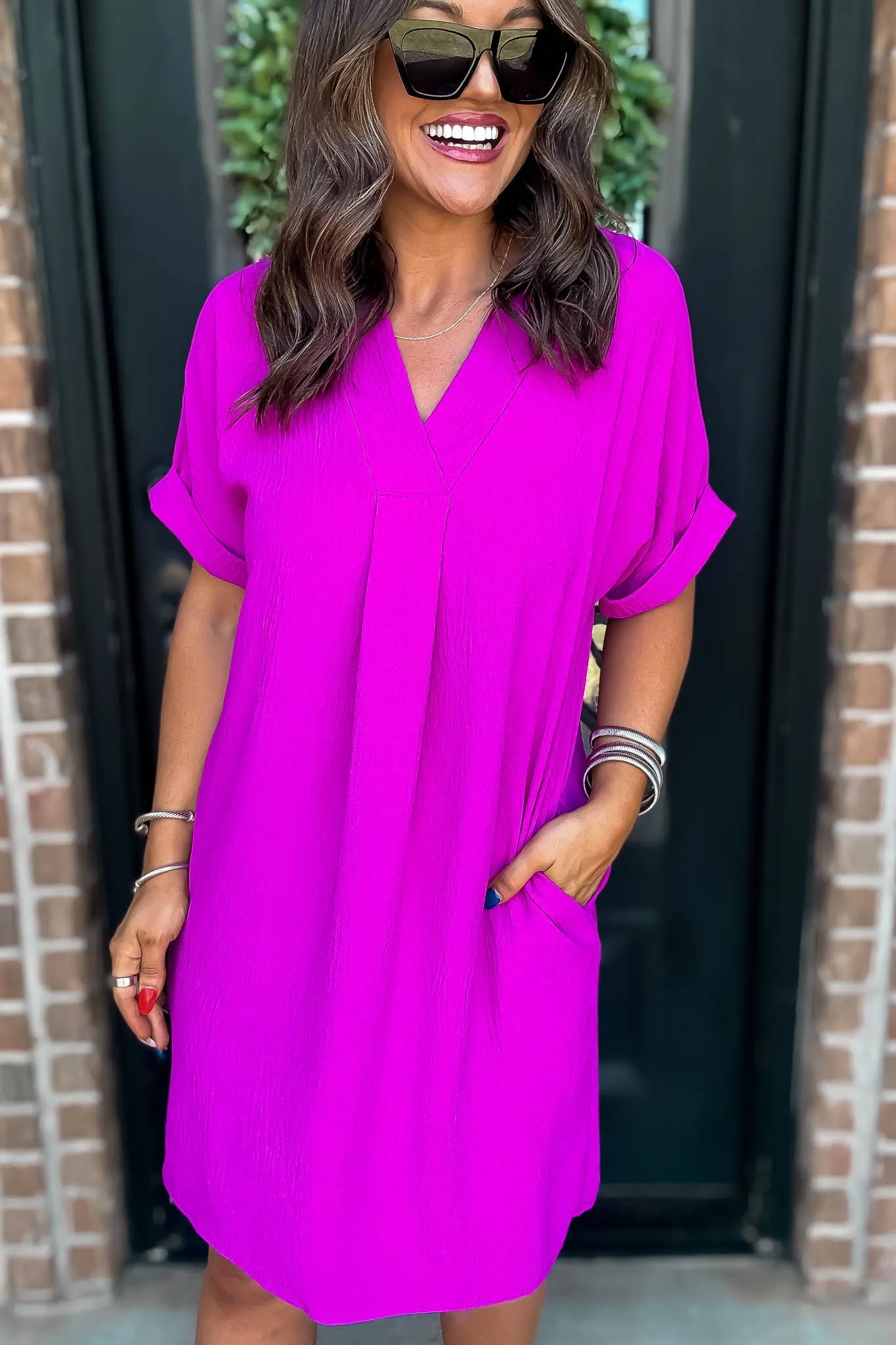 Easy Breezy Magenta V Neck Dress