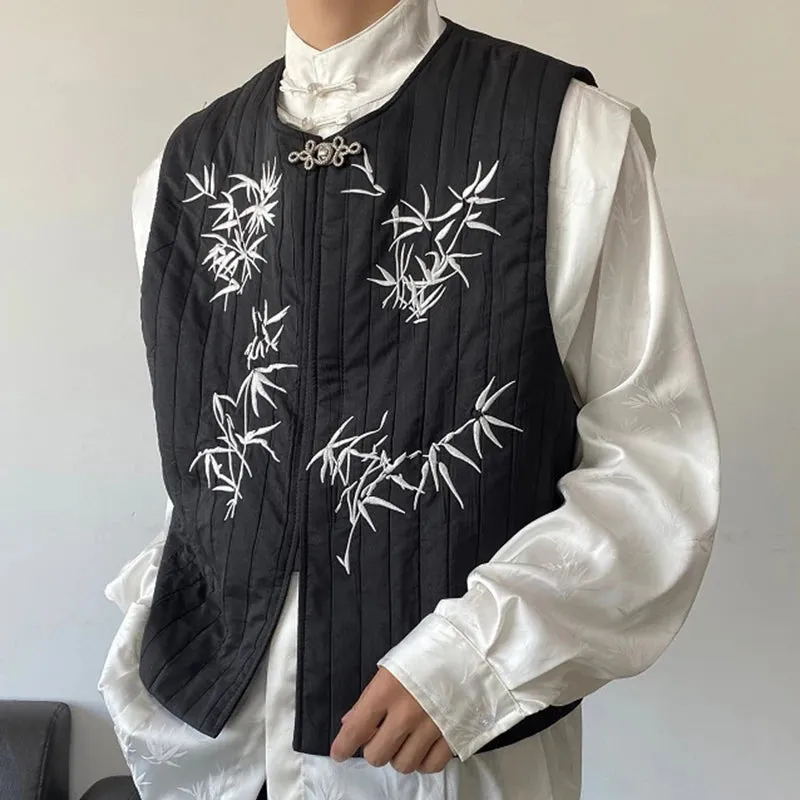Embroidery Male Vest Chinese Style Round Collar Pleated Quilt Men's Waistcoat Personality Fashion Spring 9C4090