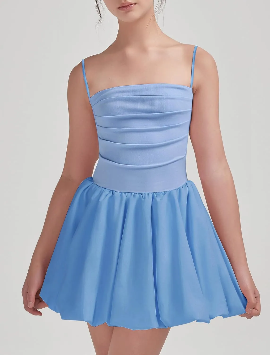 EXARUS Girls Flowy Ruffled Hem/Puff Bubble Dress Ruched Teen Summer Adjustable Spaghetti Strap Casual Cami Mini Dresses