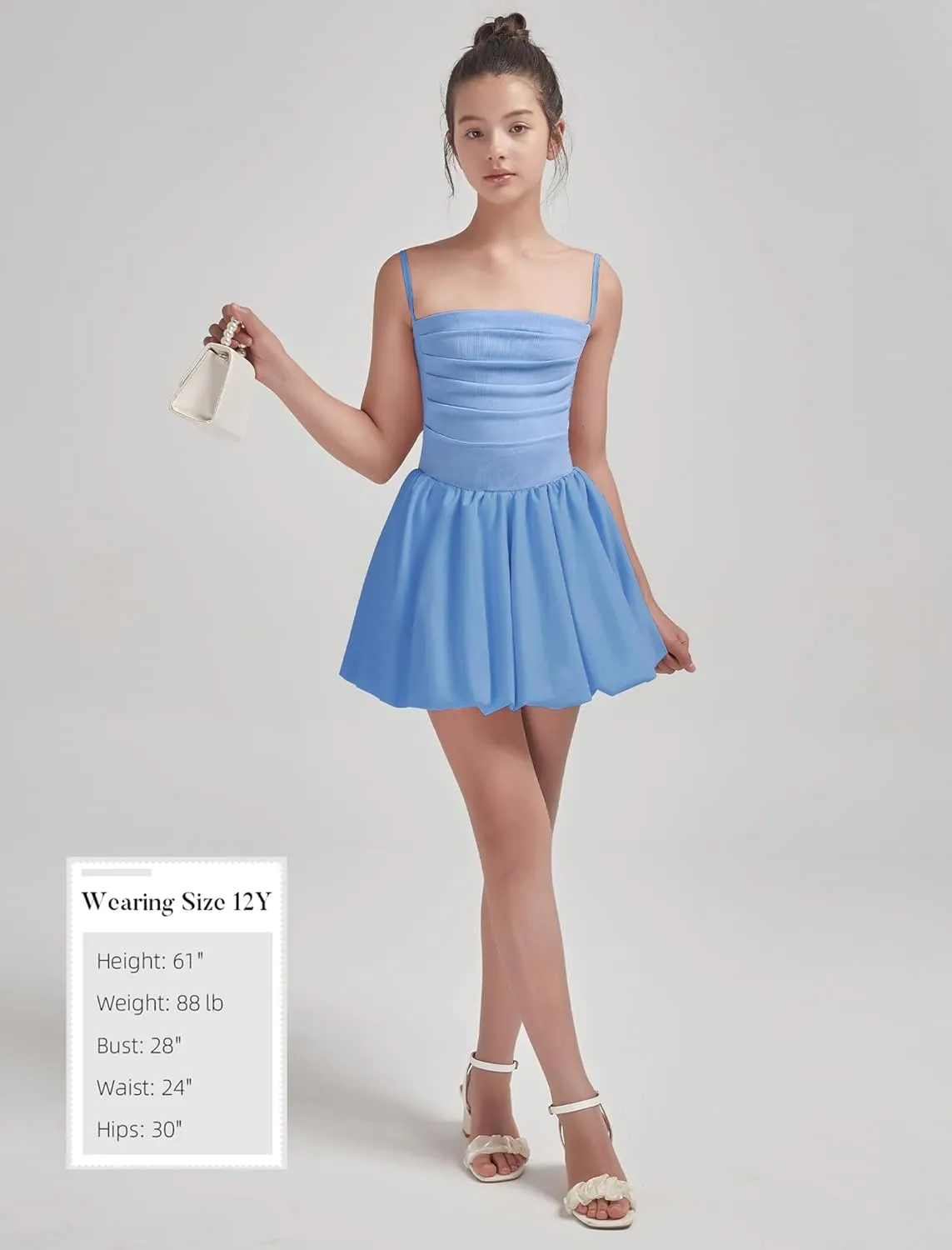 EXARUS Girls Flowy Ruffled Hem/Puff Bubble Dress Ruched Teen Summer Adjustable Spaghetti Strap Casual Cami Mini Dresses
