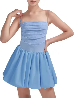 EXARUS Girls Flowy Ruffled Hem/Puff Bubble Dress Ruched Teen Summer Adjustable Spaghetti Strap Casual Cami Mini Dresses