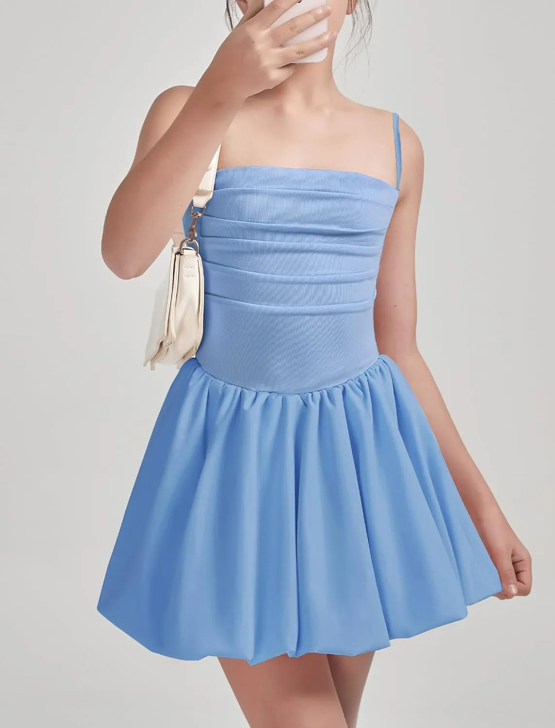 EXARUS Girls Flowy Ruffled Hem/Puff Bubble Dress Ruched Teen Summer Adjustable Spaghetti Strap Casual Cami Mini Dresses
