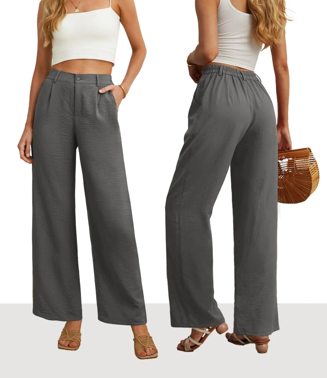 Feiersi Womens Casual Wide Leg Pants High Waisted Button Down Straight Long Trousers Palazzo Pants